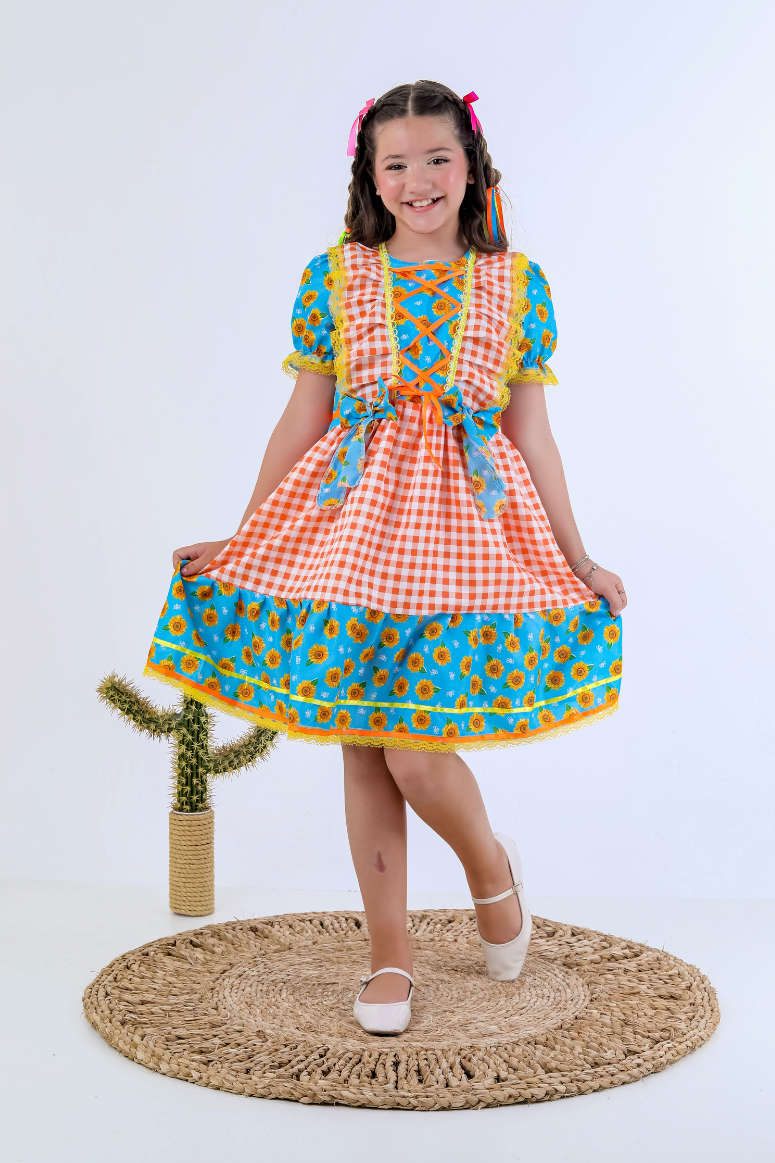 Vestido Xadrez Festa Junina Infantil Floral Girassol