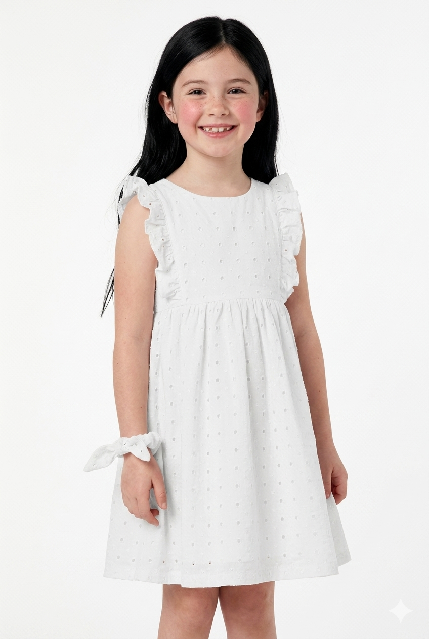Vestido Infantil Branco Laise com Scrunchie Manga Babados