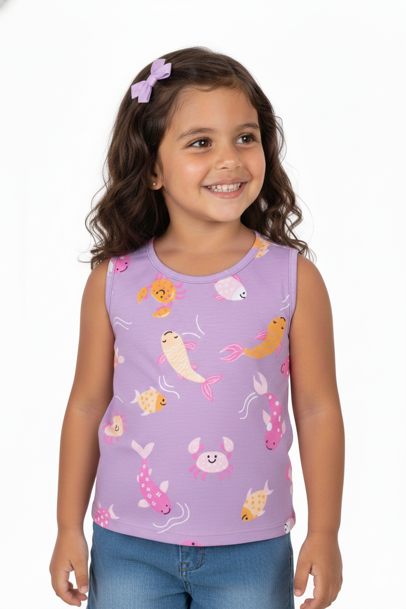 Camiseta Regata Infantil Meninas Lilás Estampa Peixinhos