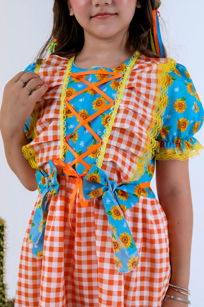Vestido Xadrez Festa Junina Infantil Floral Girassol