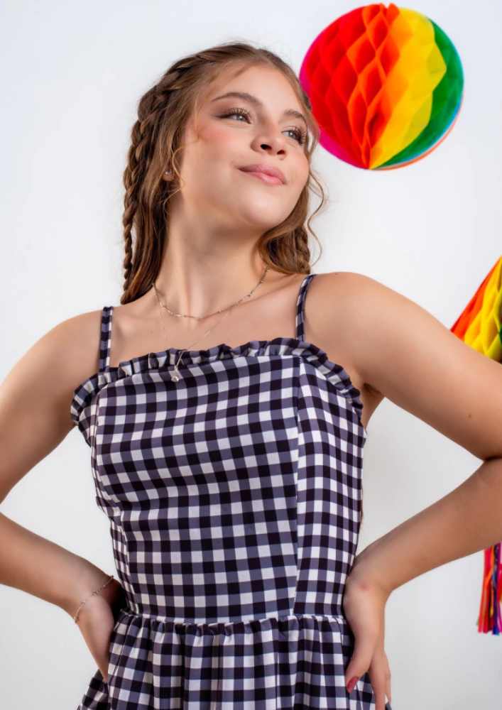 Vestido Teen Xadrez Preto Quadriculado Festa Junina Arraial Quadrilha
