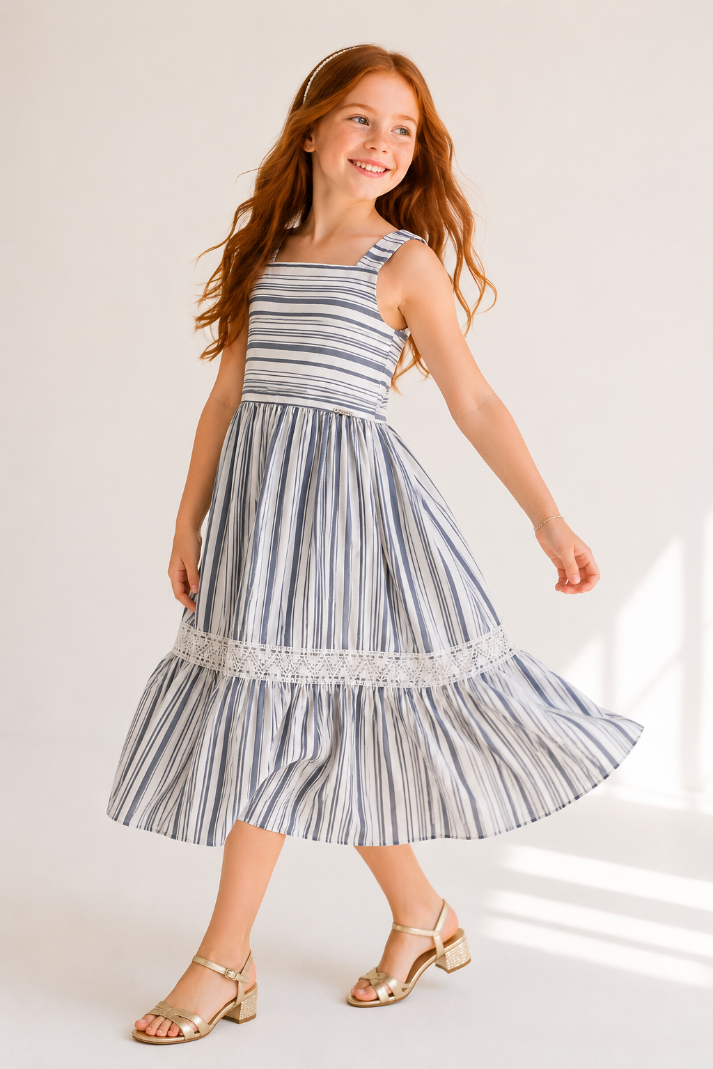 Vestido Juvenil Verão Listrado com Laise