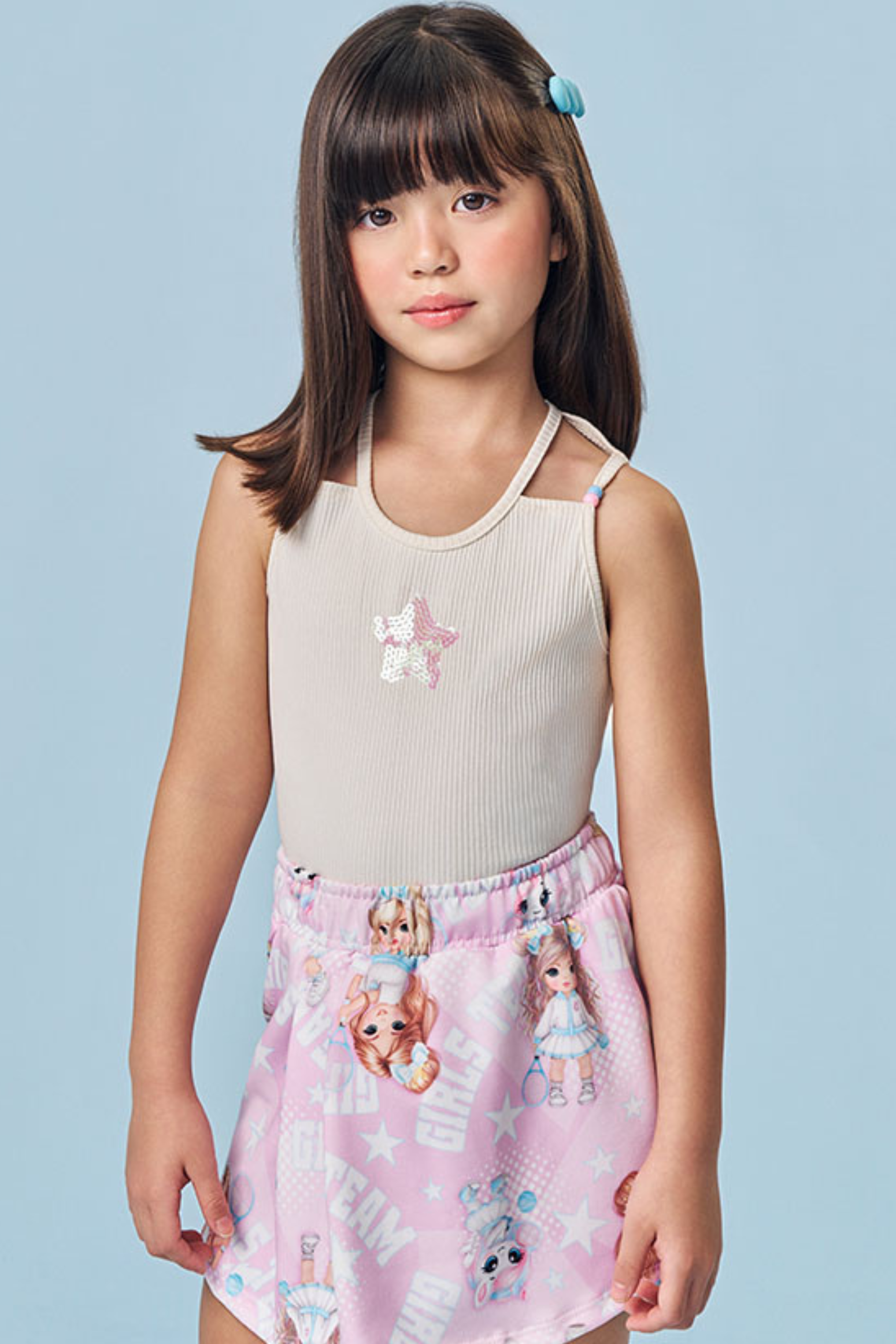 Conjunto Infantil Meninas Verão com Shorts Saia Rosa e Regata Estrelinha