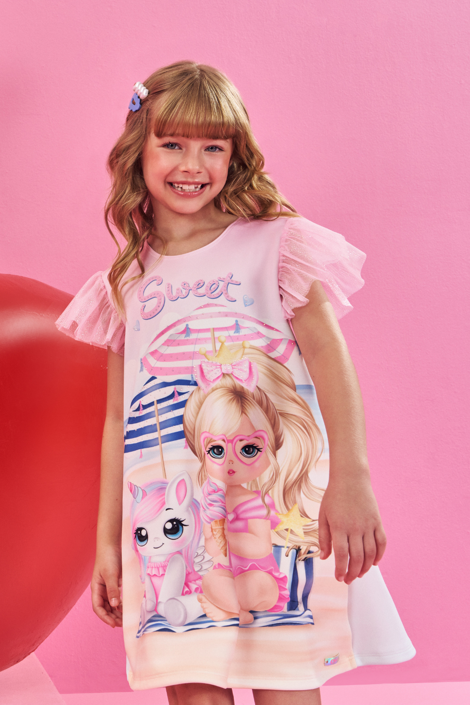 Vestido em Neoprene Infantil Meninas Rosa Estampado