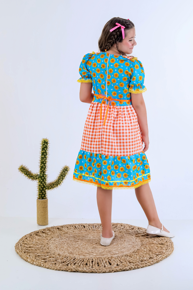 Vestido Xadrez Festa Junina Infantil Floral Girassol