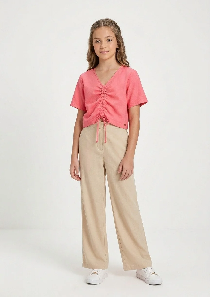 Blusa Manga Curta Teen Viscose com Amarração