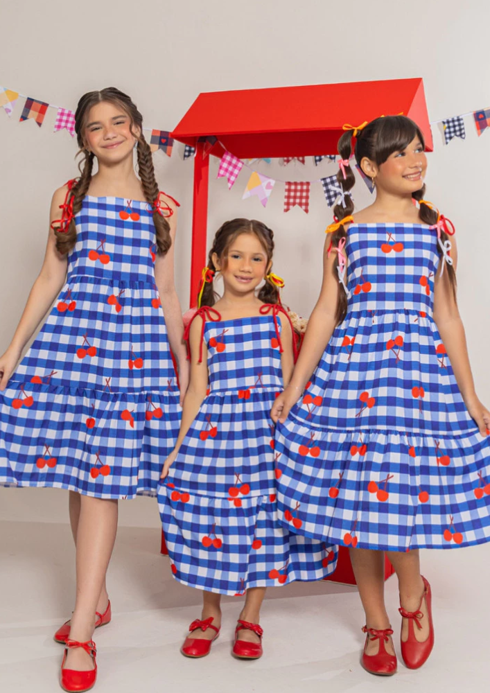Vestido Infantil Meninas Xadrez Longo Azul Marinho Cereja