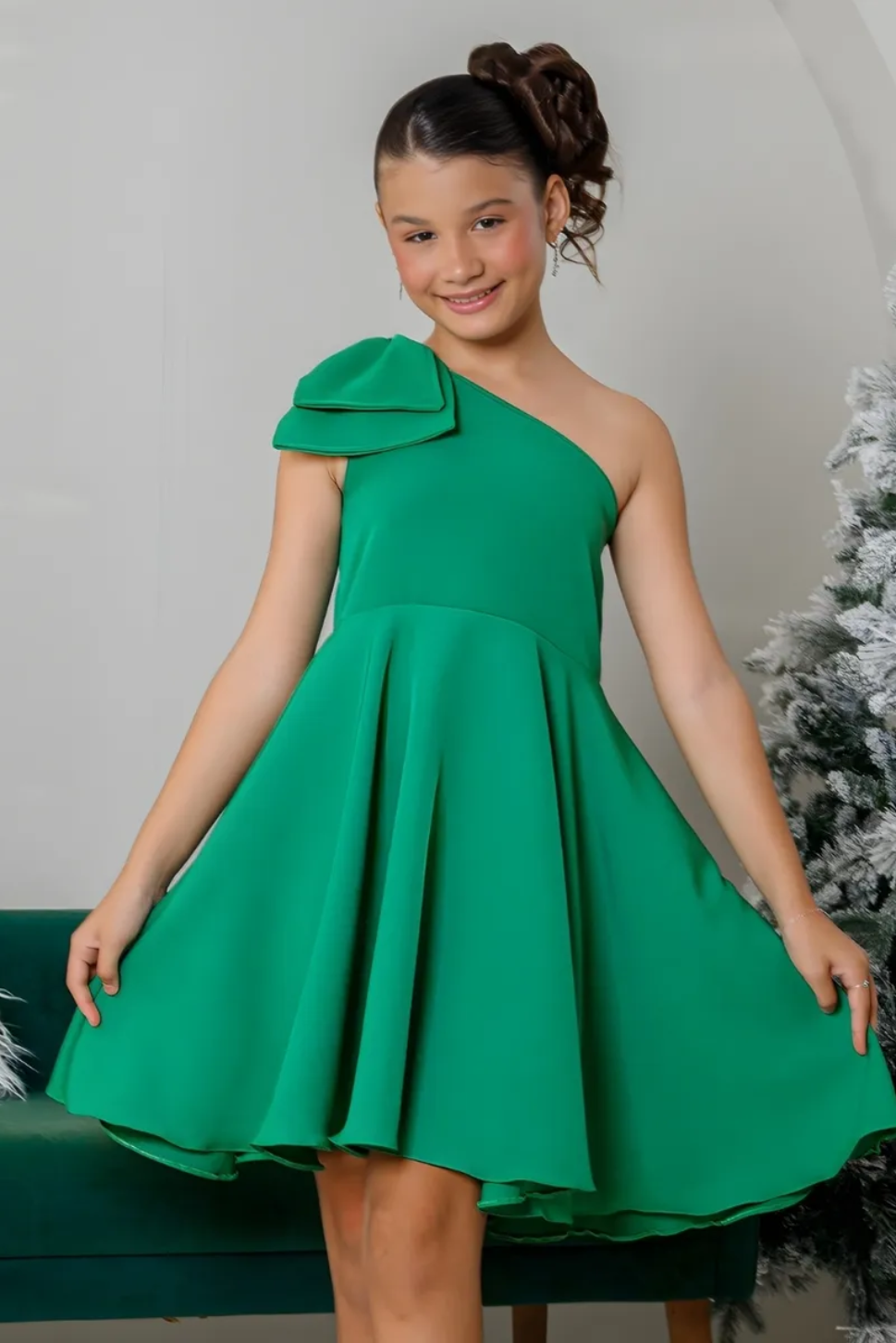 Vestido Infantil Alça Lateral Laço Luxo Festas Verde