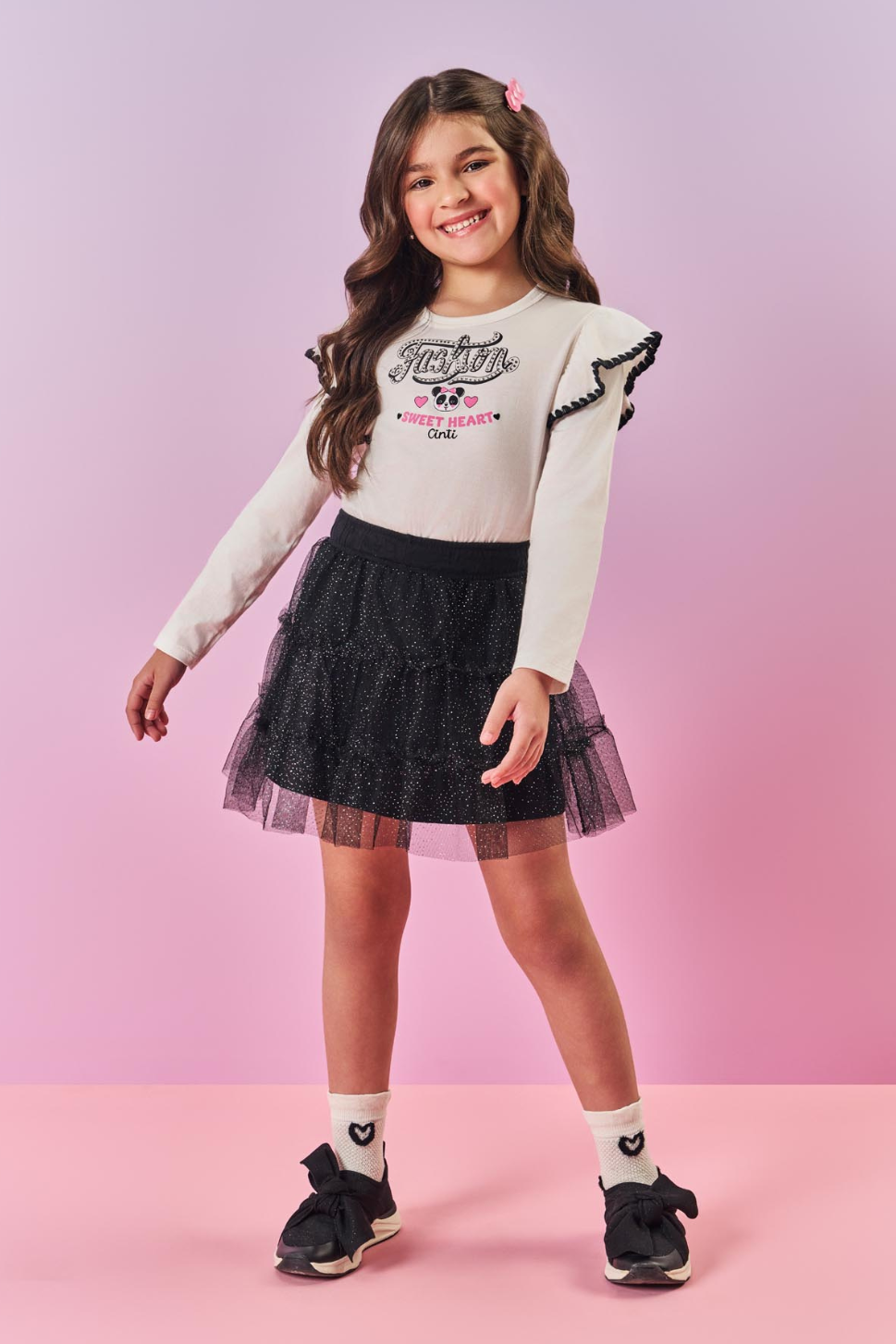 Conjunto Meninas Saia Tule e Blusa Malha Manga Longa