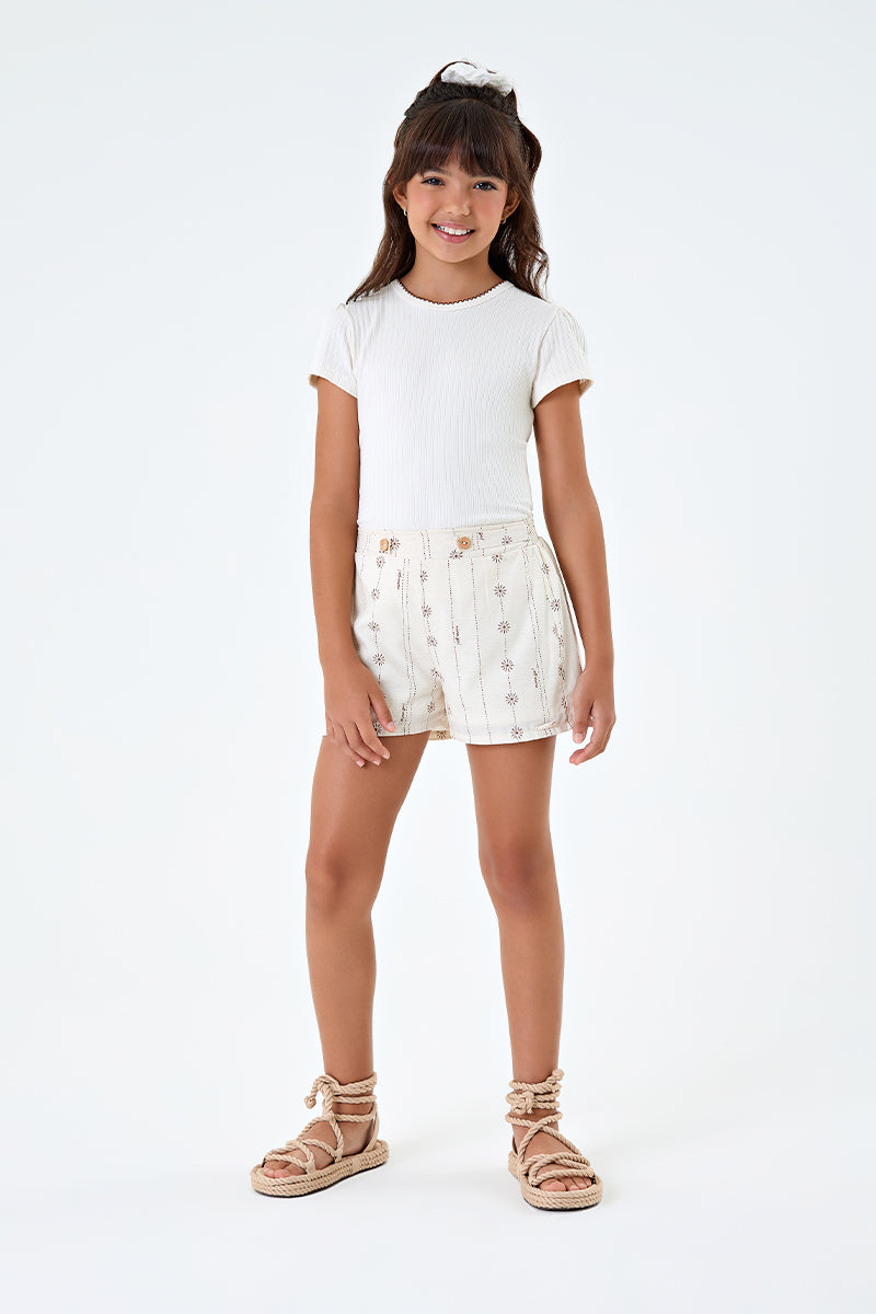 Conjunto Infantil Menina Blusa em Malha Canelada Trança e Short em Linho