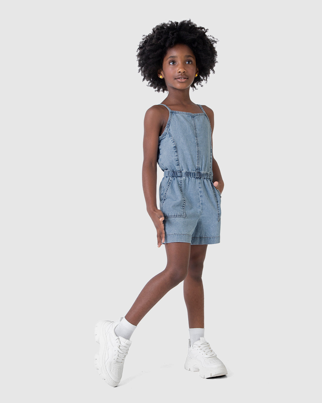 Macaquinho Infantil Jeans Meninas Acinturado Malwee Kids