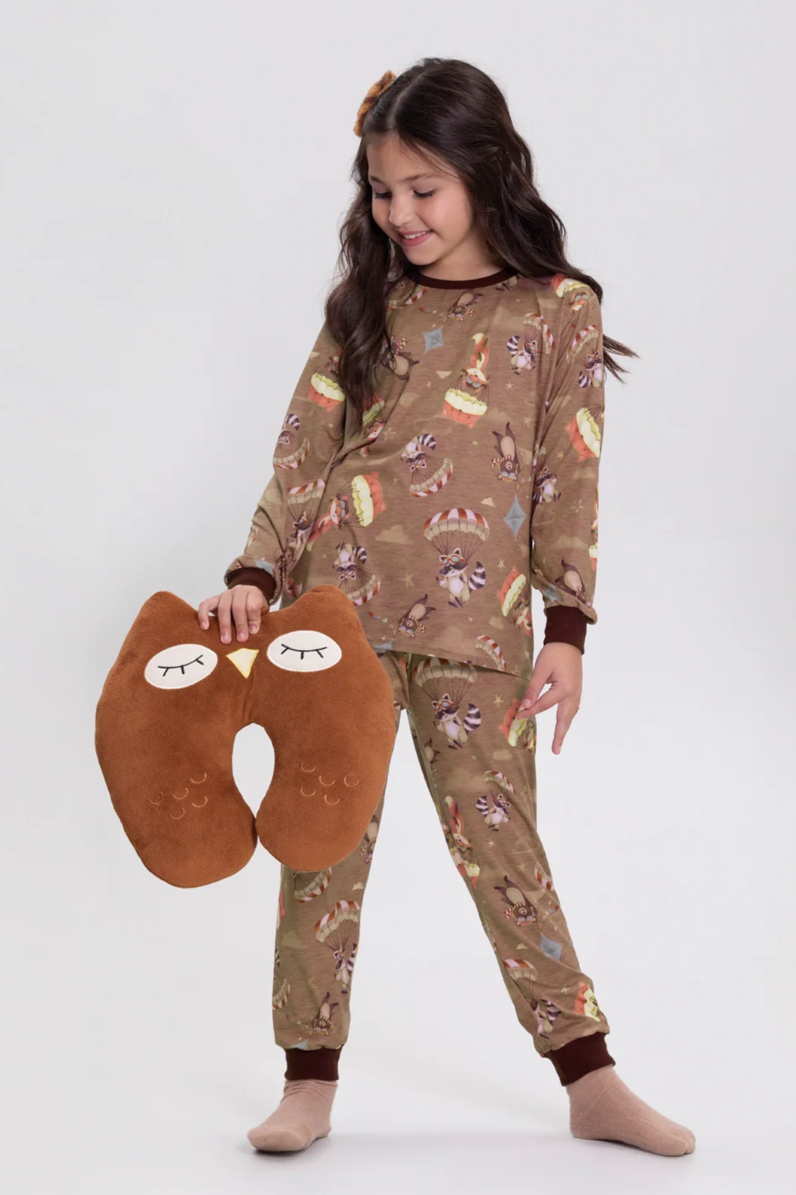 Pijama Infantil Meninas Malha Modal Manga Longa Raposa Balão