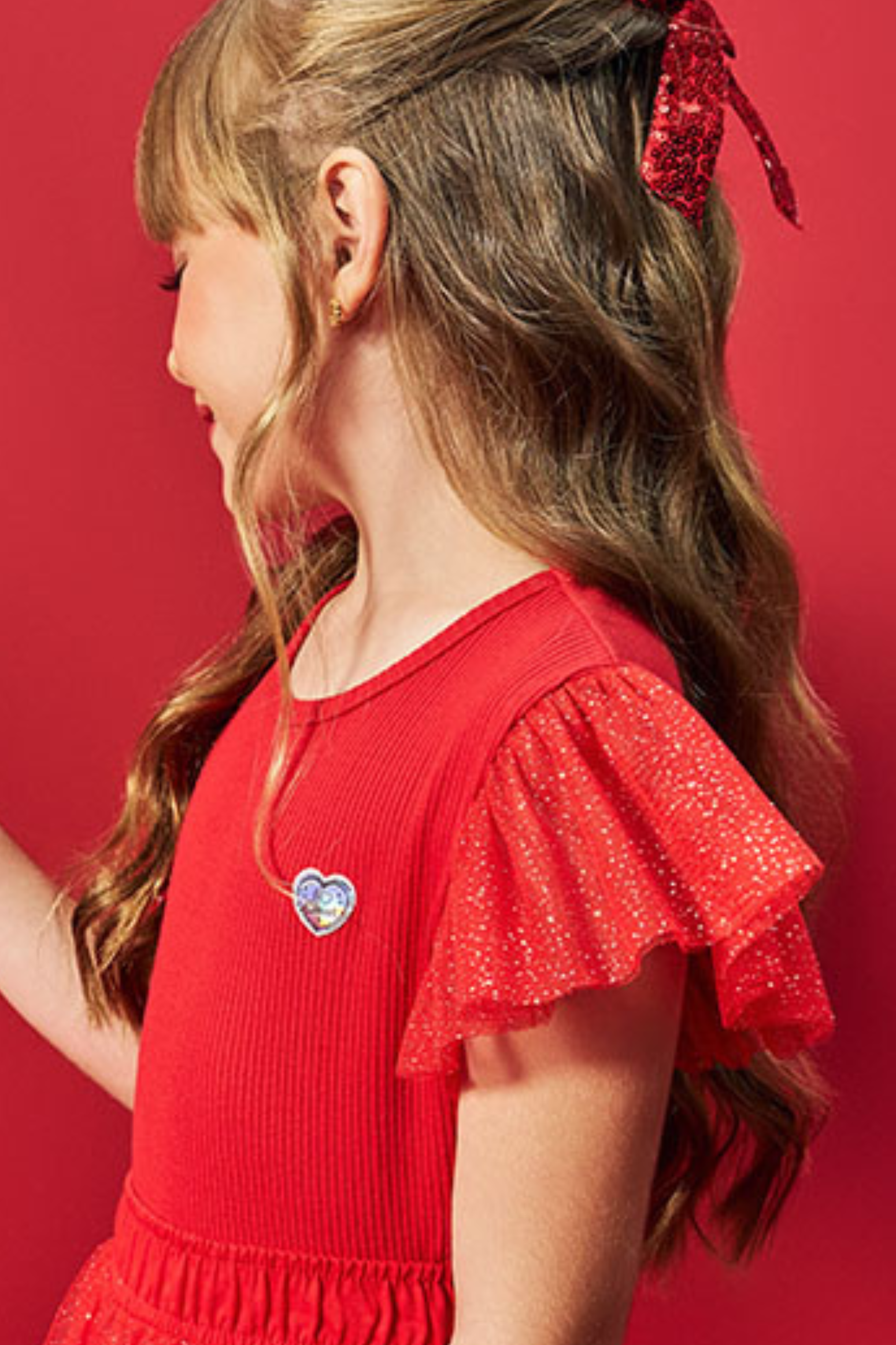 Blusa Canelada Cinti Coração Infantil Feminina Manga de Tule