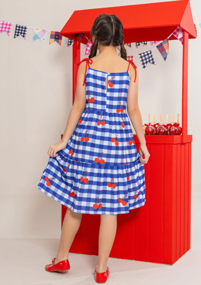 Vestido Infantil Meninas Xadrez Longo Azul Marinho Cereja