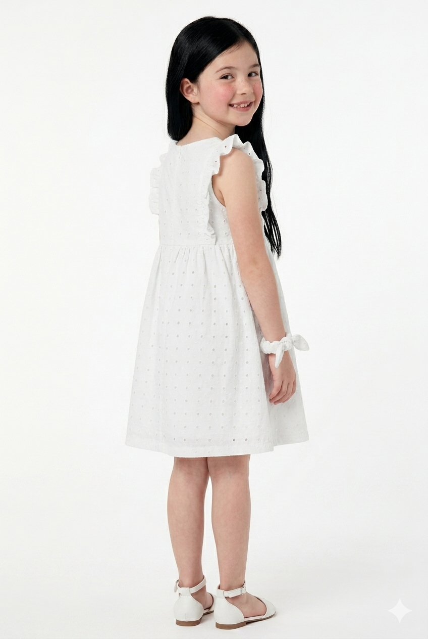 Vestido Infantil Branco Laise com Scrunchie Manga Babados