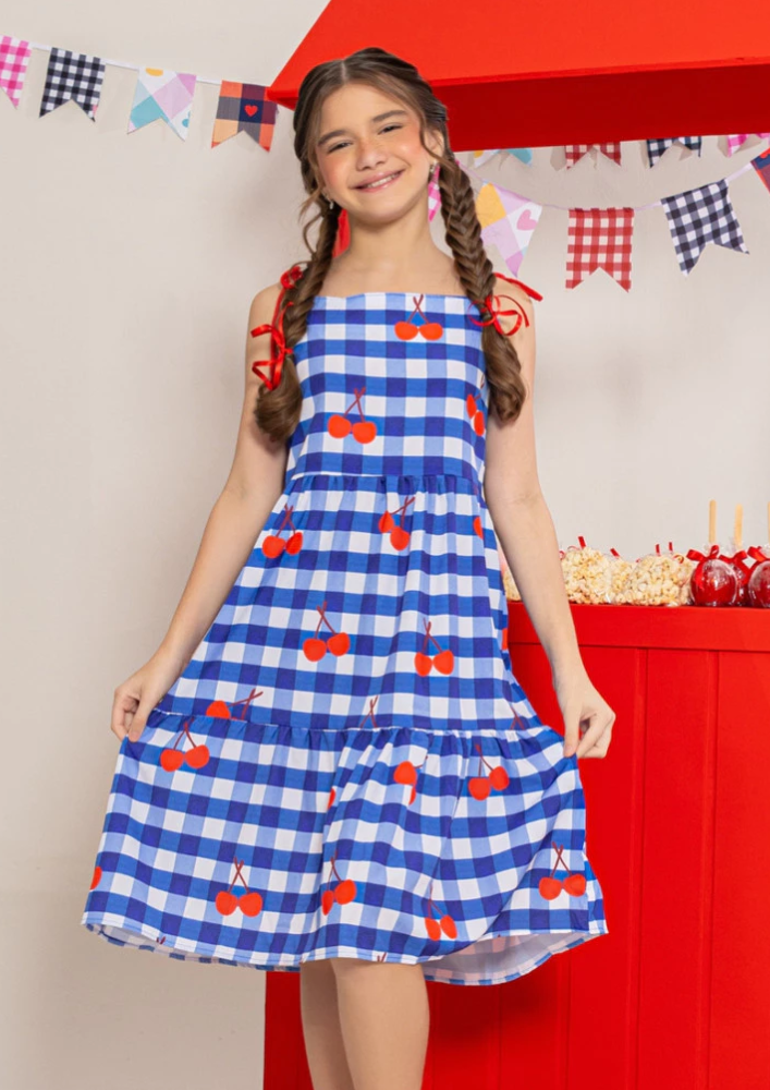 Vestido Infantil Meninas Xadrez Longo Azul Marinho Cereja