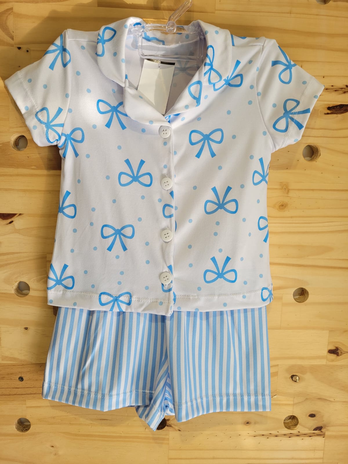 Pijama Americano Meninas Manga Curta Infantil Laços Azul