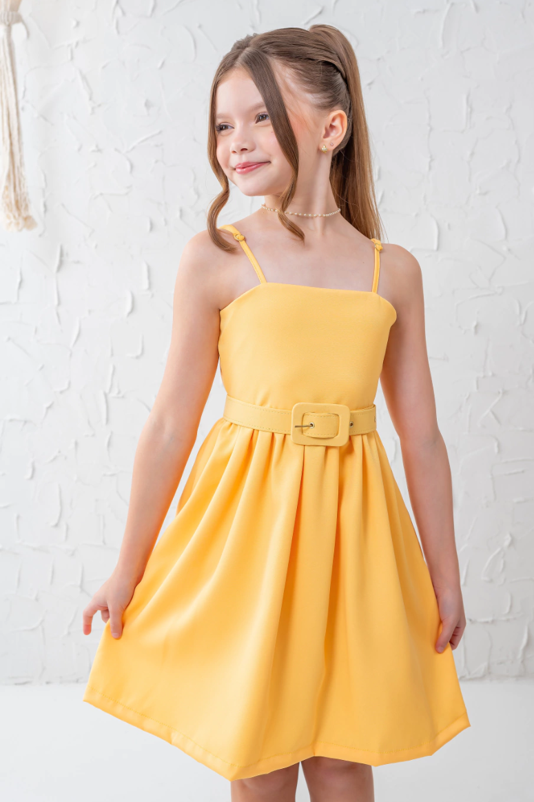 Vestido Amarelo Infantil Luxo Com Cinto Roupa Amarela Verão