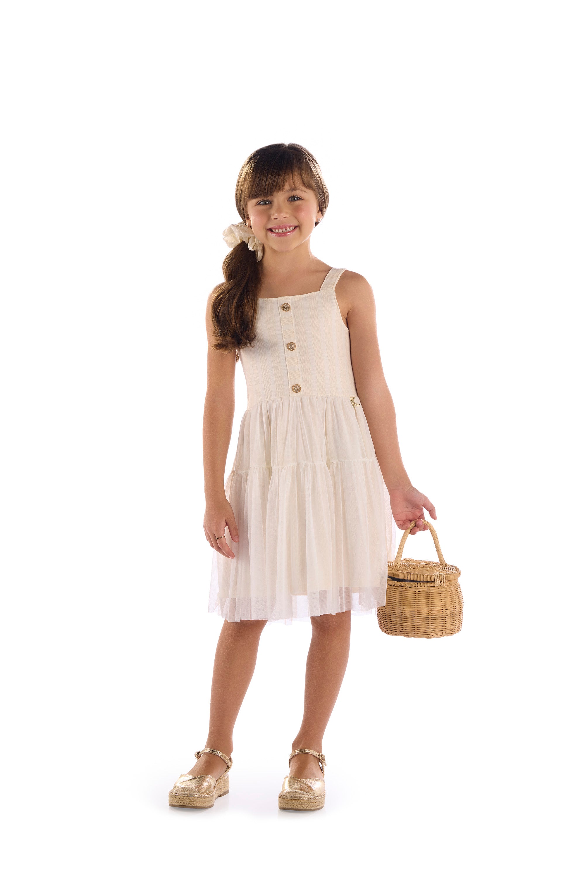Vestido Infantil Meninas Off White Tule Kiki