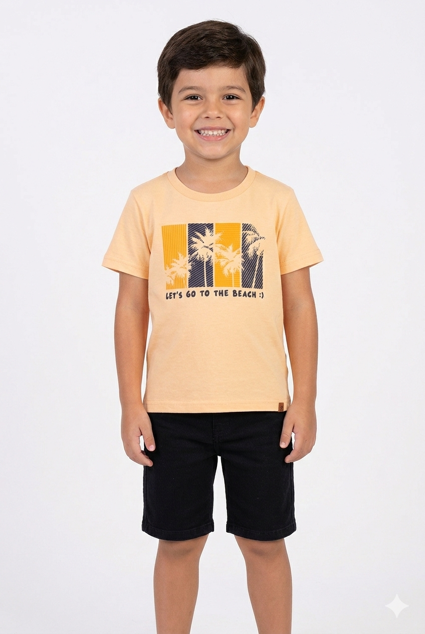 Camiseta Meia Malha Infantil Meninos Laranja Algodão