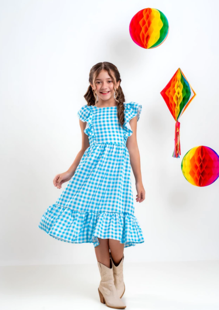Vestido Infantil Festa Junina Xadrez Midi Azul