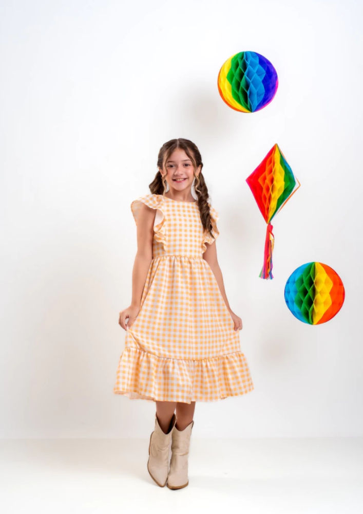 Vestido Infantil Festa Junina Xadrez Midi Amarelo