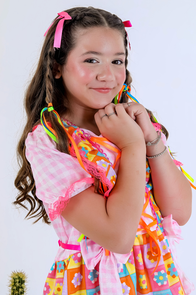 Vestido Festa Junina Infantil Xadrez Colorido Rosa