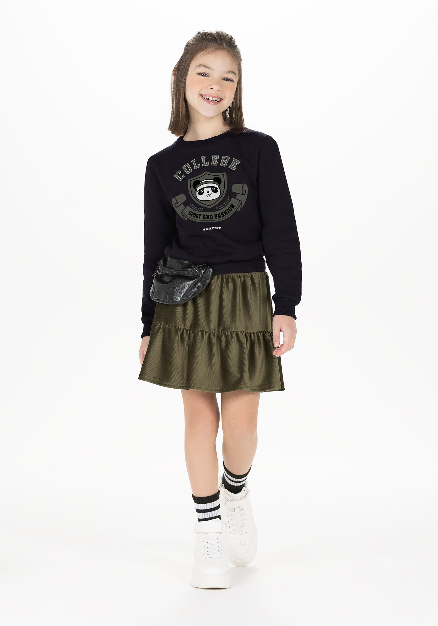 Conjunto Menina Alakazoo Blusão Panda e Shorts Saia Veludo - College Style