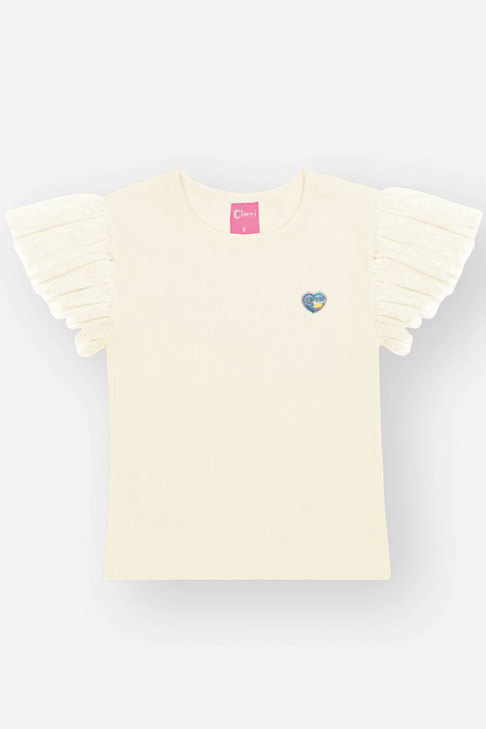 Blusa Canelada Cinti Coração Infantil Feminina Manga de Tule