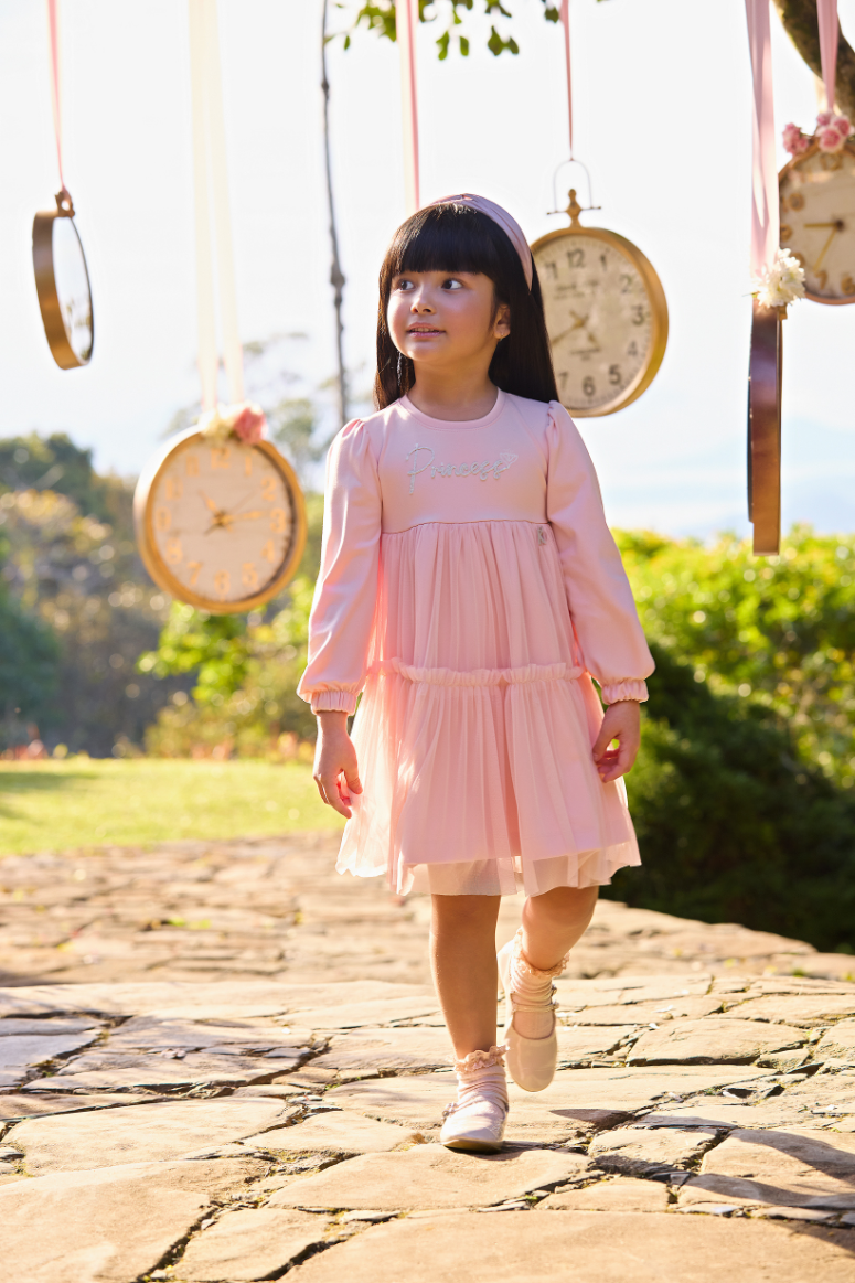 Vestido Infantil Menina Princess Rosa com Saia em Tule e Manga Longa Kiki