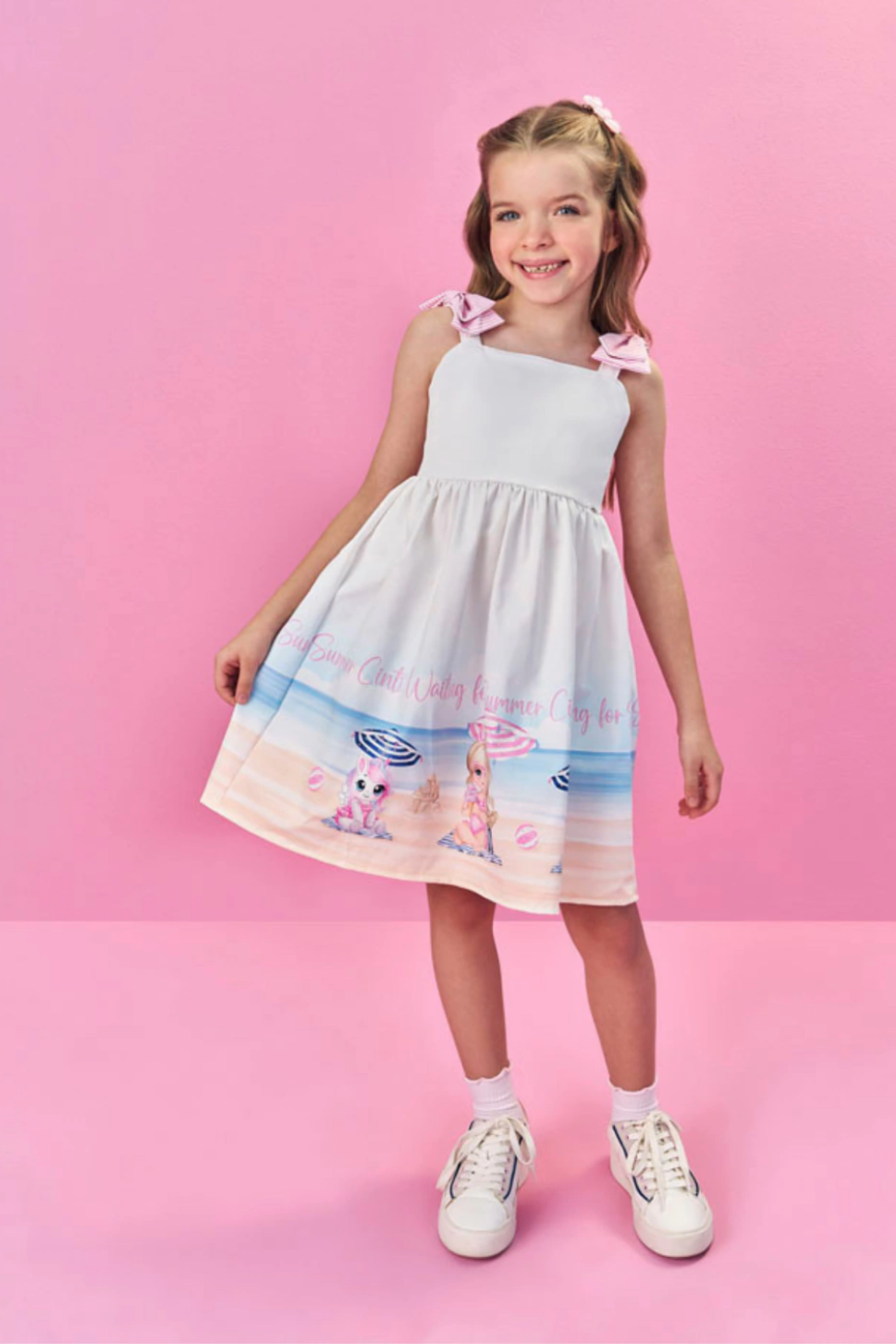 Vestido Infantil Cinti Verão Unicórnio Na Praia Com Laço