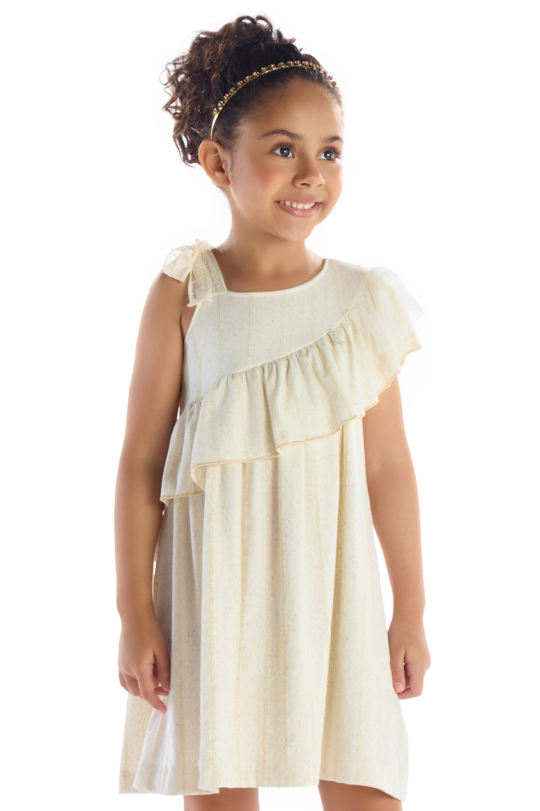 Vestido Infantil Off em Malha Linho com Renda Kiki Xodó