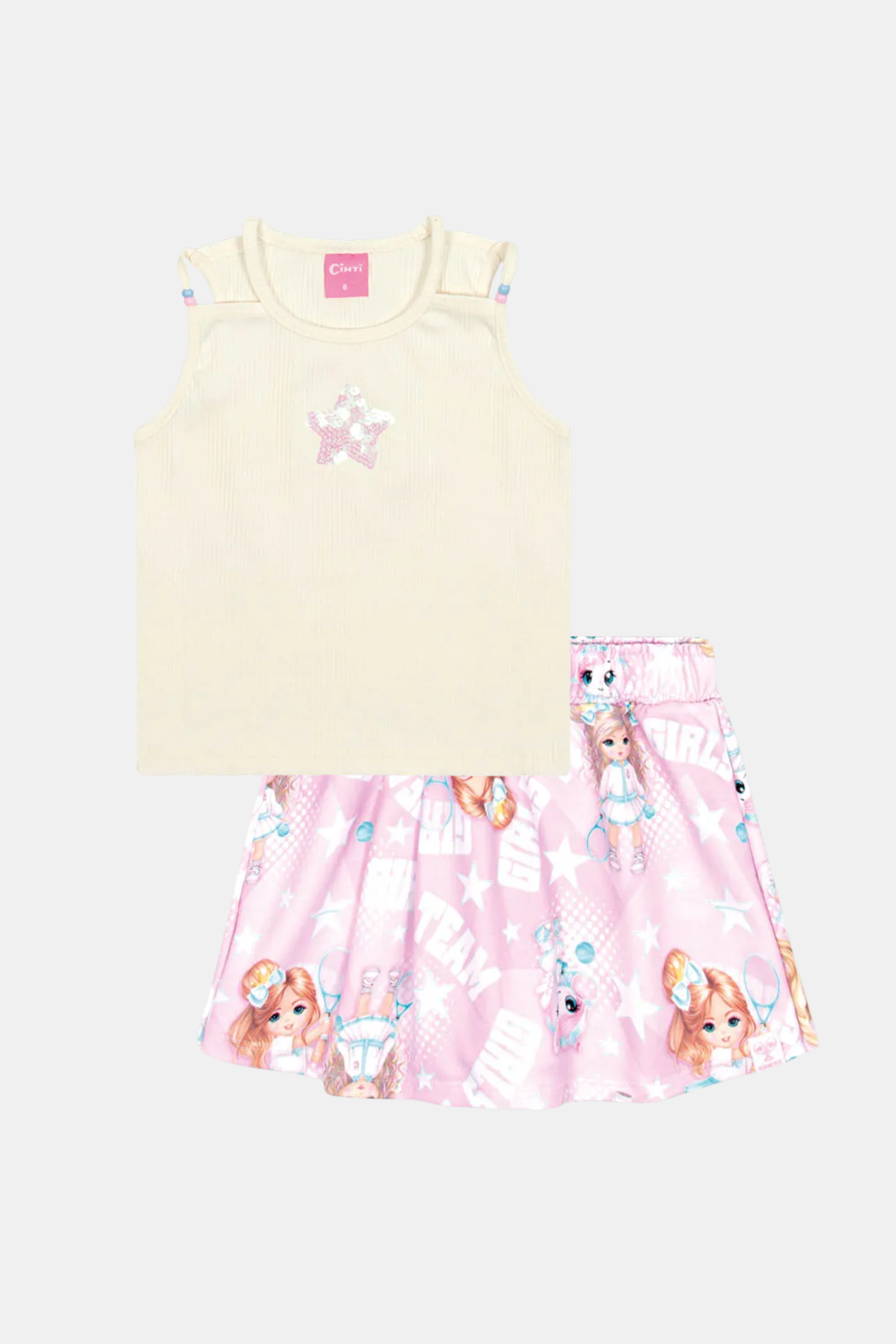 Conjunto Infantil Meninas Verão com Shorts Saia Rosa e Regata Estrelinha