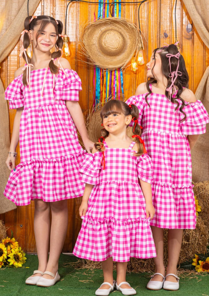 Vestido Infantil Xadrez Rosa Barbie com Manga Caída Ombro