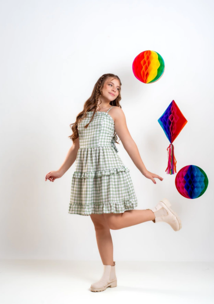 Vestido Teen Xadrez Verde Quadriculado Festa Junina Arraial Quadrilha