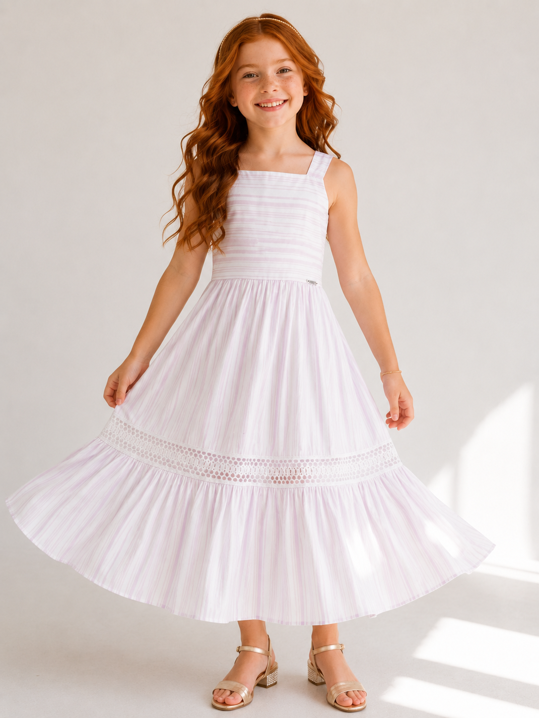 Vestido Juvenil Verão Listrado com Laise