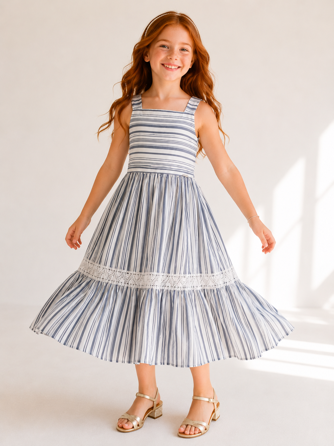 Vestido Juvenil Verão Listrado com Laise