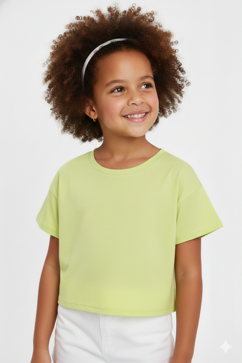Camiseta Infantil Meninas Cropped Básica Verde Limão