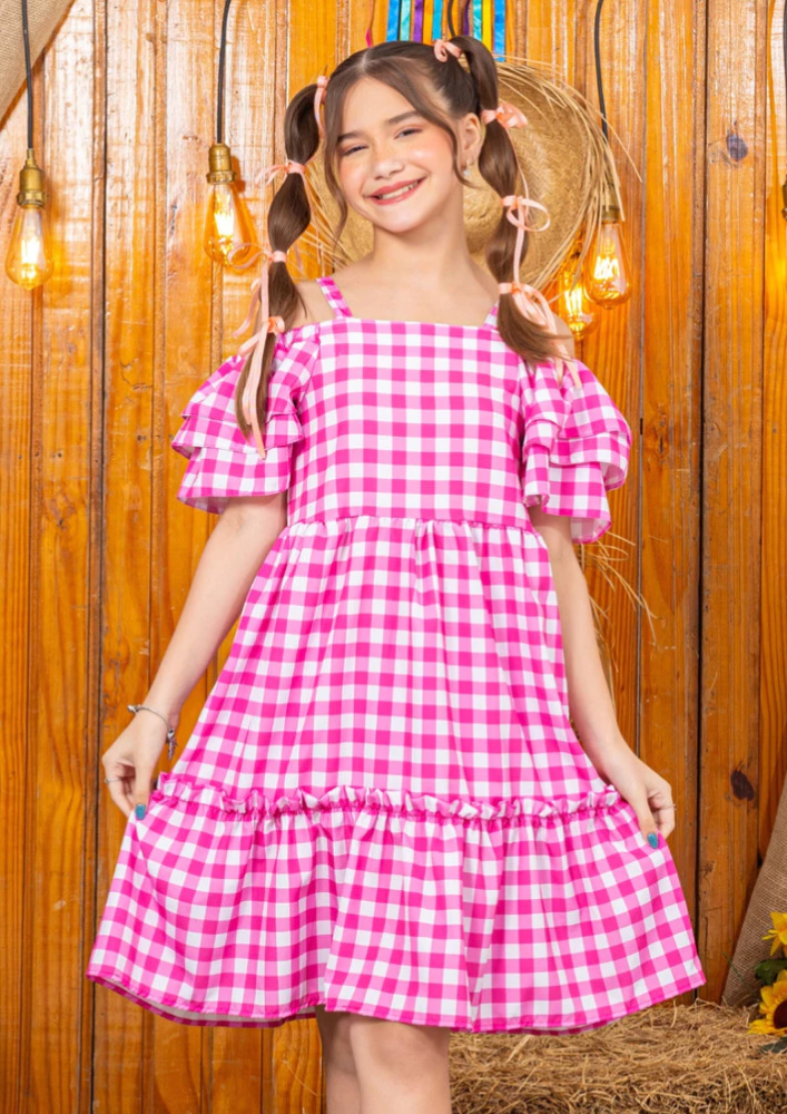 Vestido Infantil Xadrez Rosa Barbie com Manga Caída Ombro