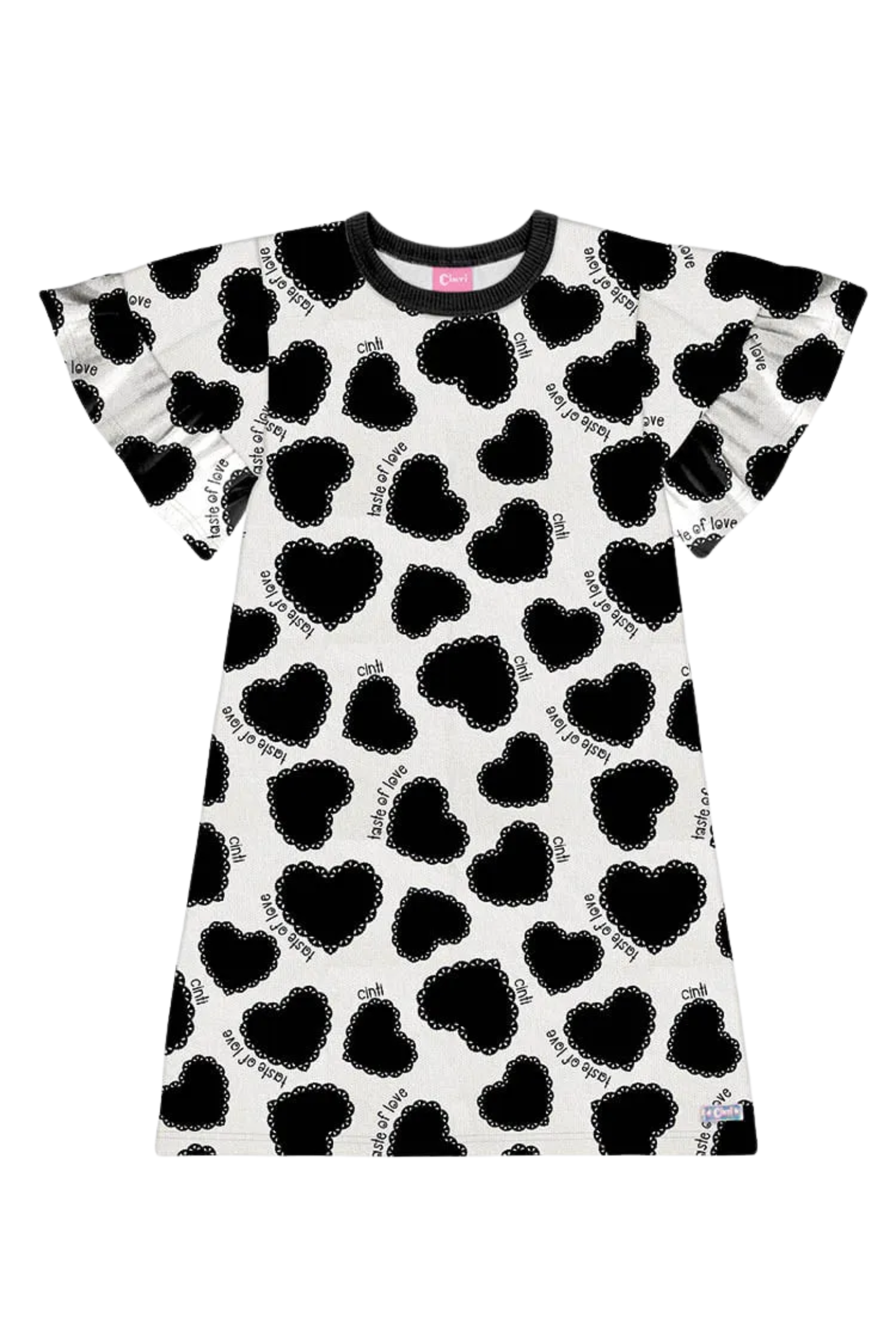 Vestido Infantil Cinti Corações Preto e Branco em New Stretch Luxo Cinti