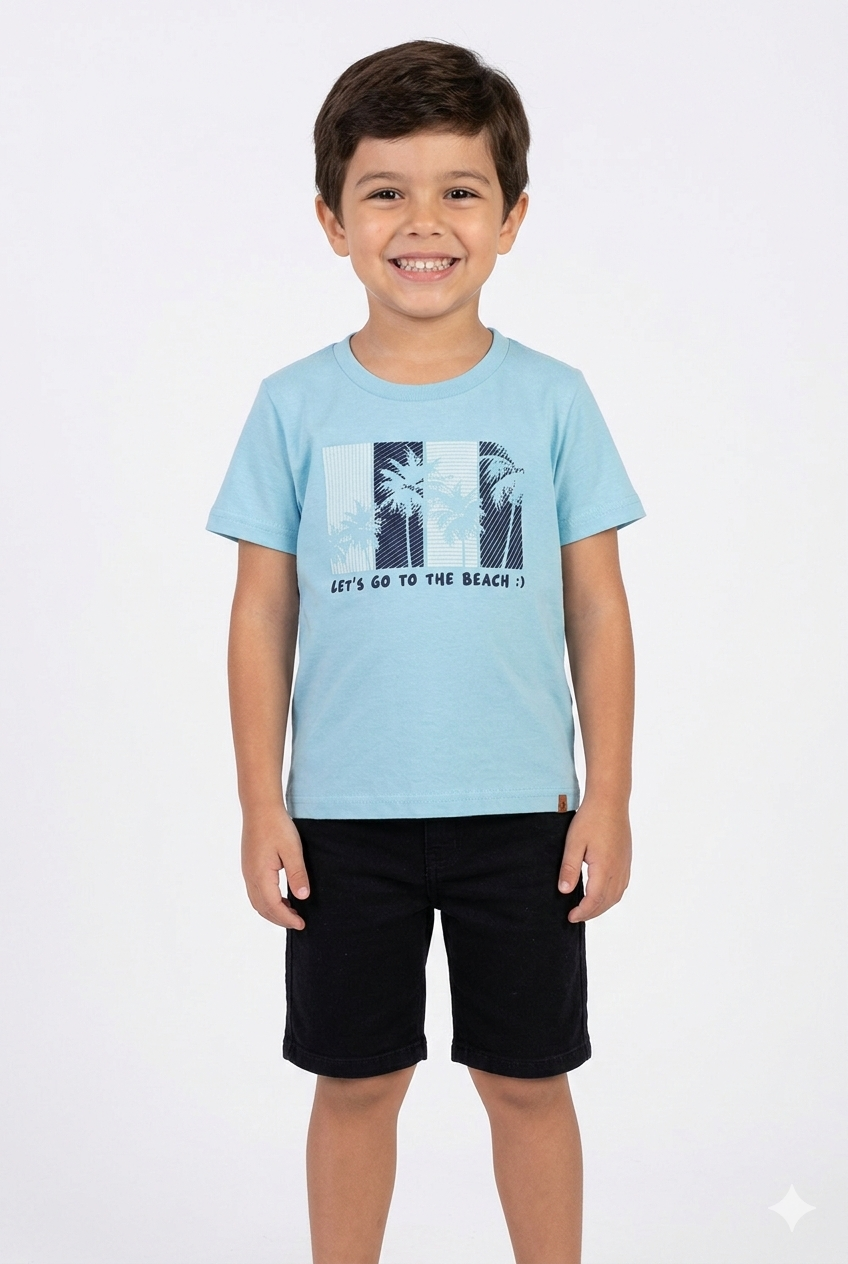 Camiseta Meia Malha Infantil Meninos Azul Algodão