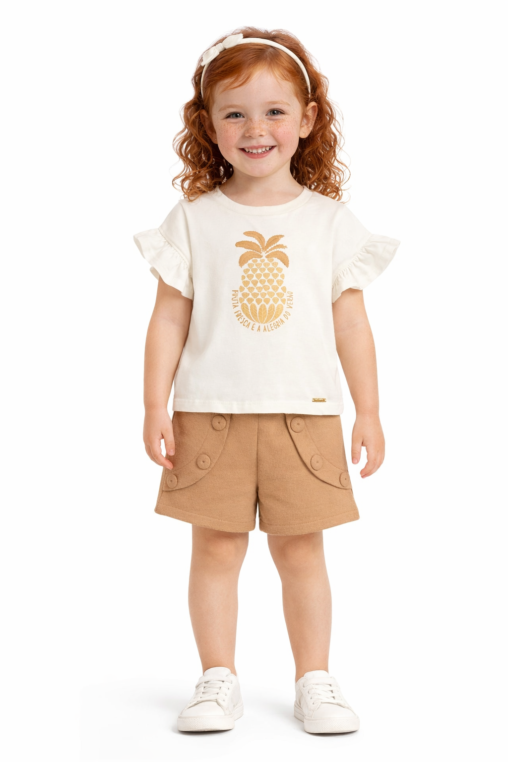 Conjunto Infantil Feminino de Algodão Shorts com Botões