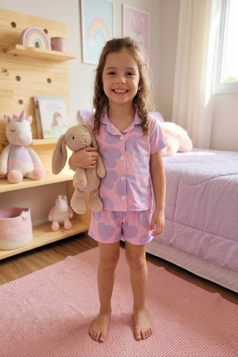 Pijama Americano Meninas Manga Curta Infantil Coração