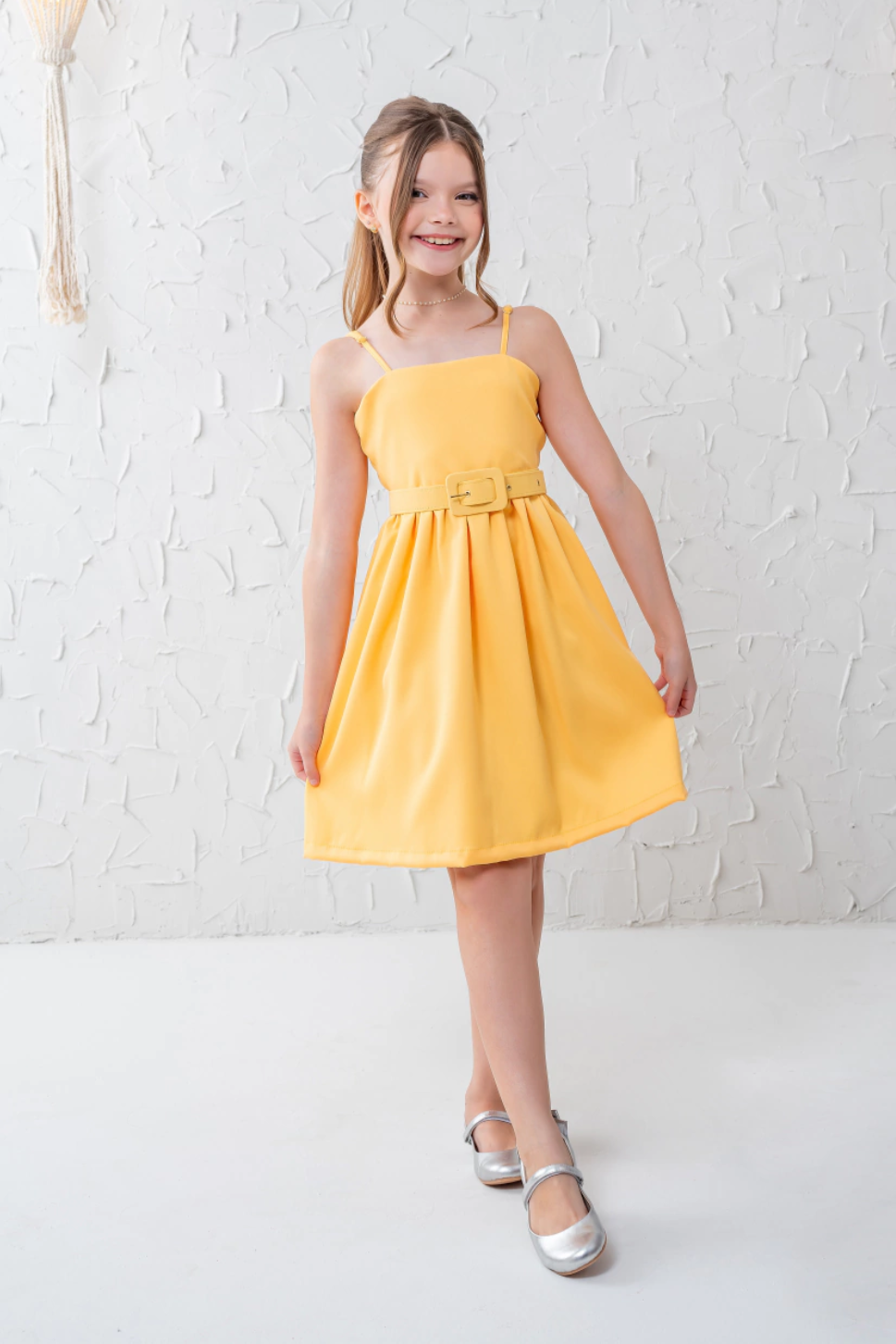 Vestido Amarelo Infantil Luxo Com Cinto Roupa Amarela Verão