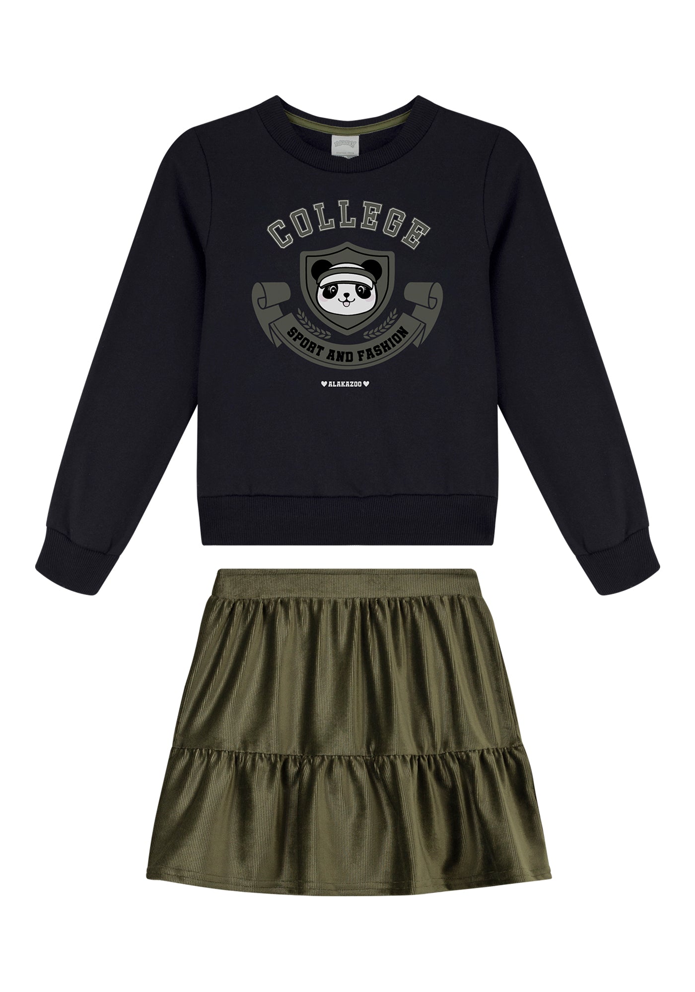 Conjunto Menina Alakazoo Blusão Panda e Shorts Saia Veludo - College Style