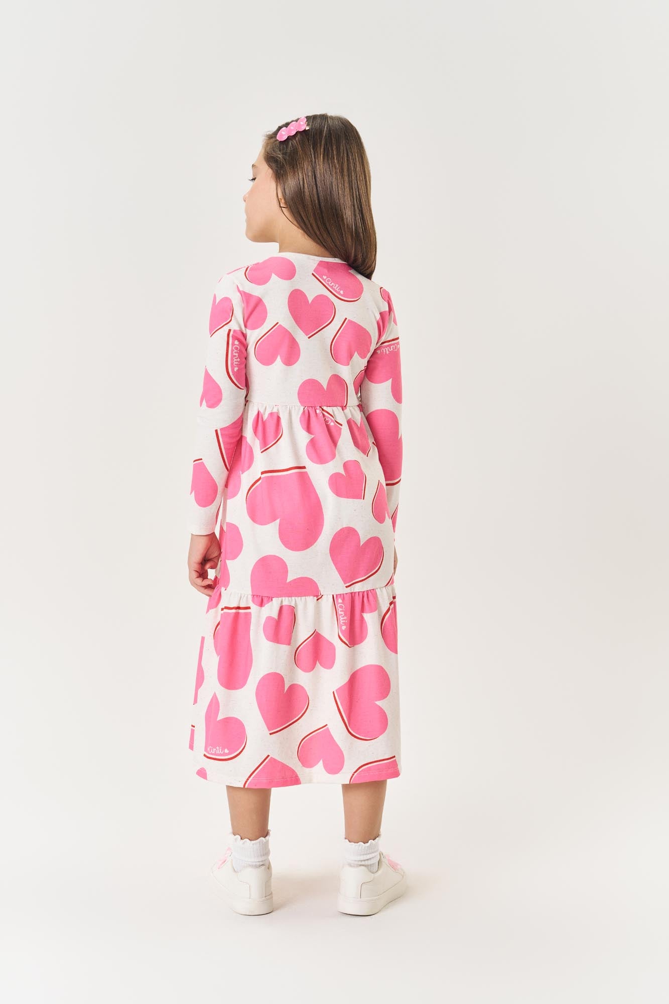 Vestido Midi Infantil Manga Longa Estampa Coração Cinti