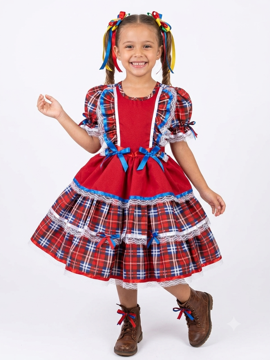 Vestido Infantil Festa Junina com Babados Luxo Quadrilha