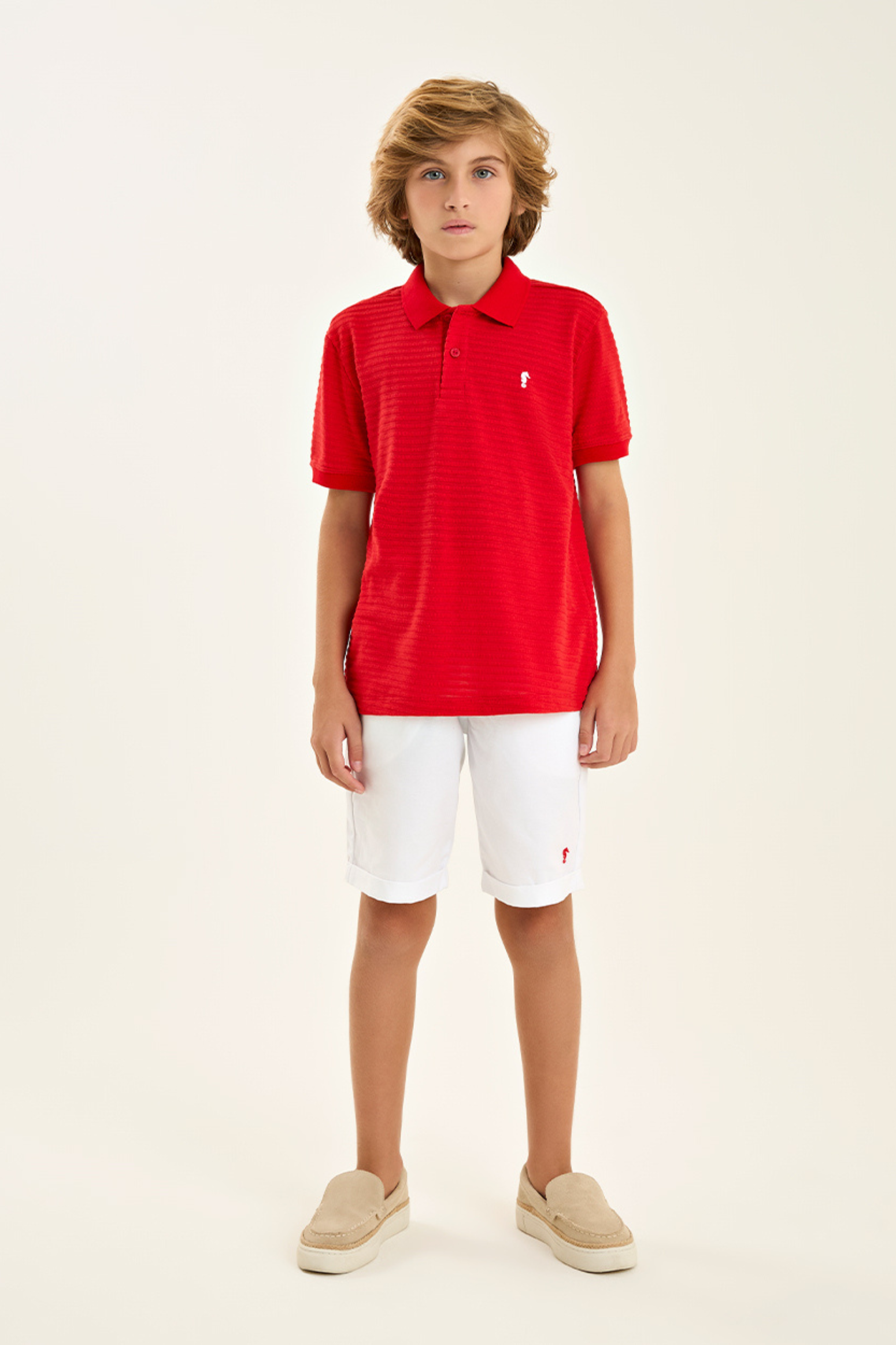 Conjunto Infantil Meninos com Gola Polo Vermelha Onda Marinha