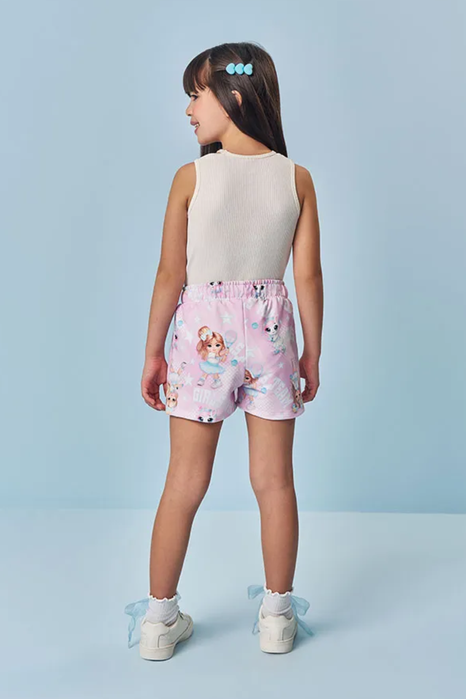 Conjunto Infantil Meninas Verão com Shorts Saia Rosa e Regata Estrelinha