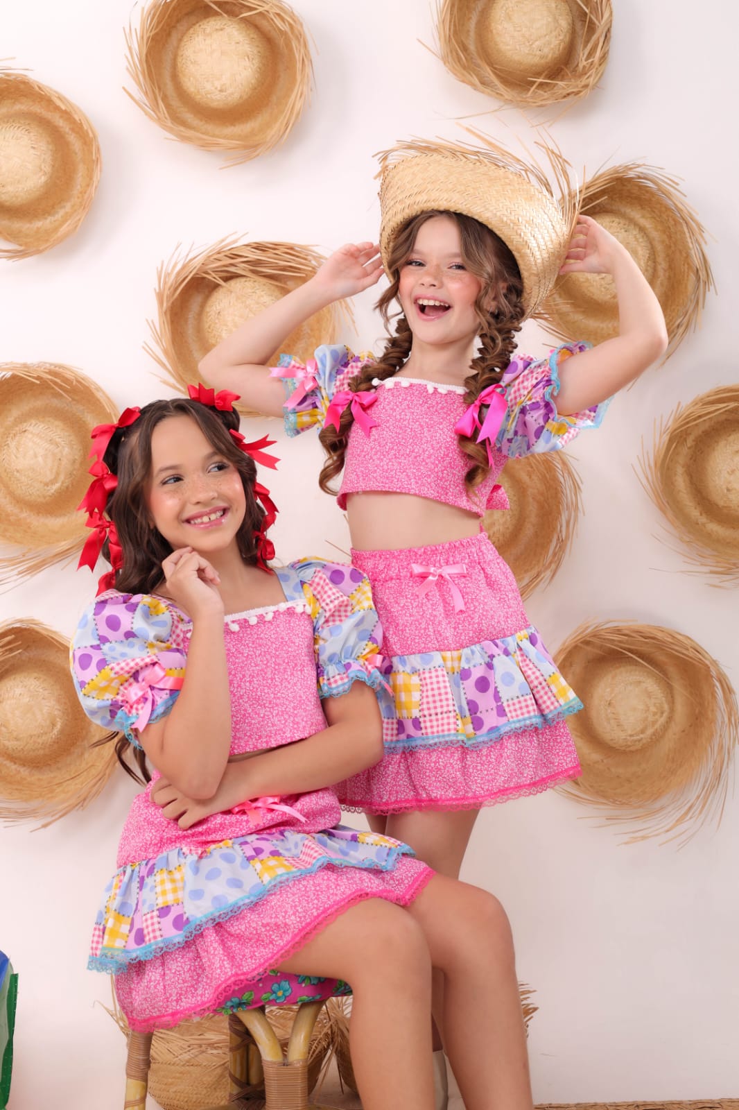 Conjunto Infantil Saia e Cropped Festa Junina Xadrez Rosa